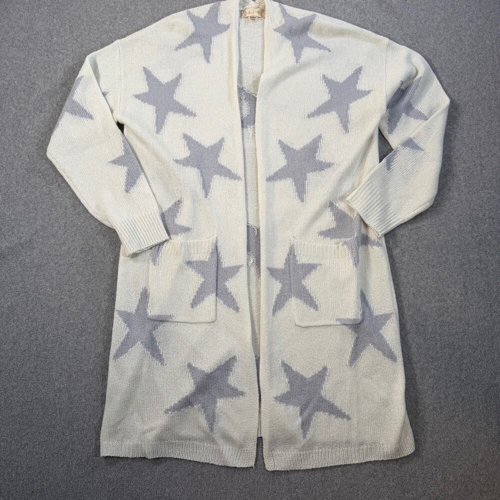Altar'd State Women's Medium Star Open Front Long Cardigan Sweater Cream Gray